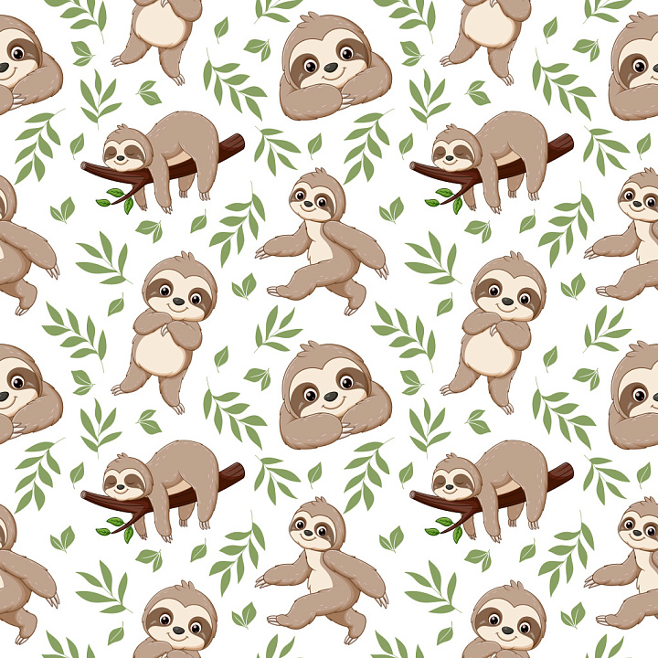 Pattern with Cute Cartoon Sloth and Leaf Motifs seamless PBR texture preview