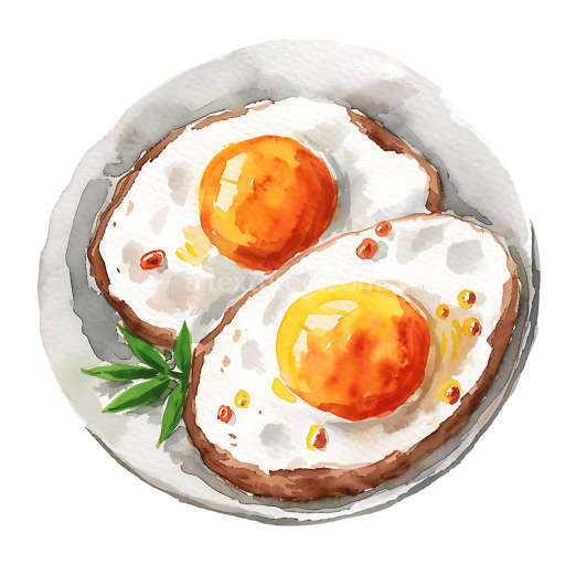 Watercolor Style Breakfast with Sunny Side Up Eggs on Plate