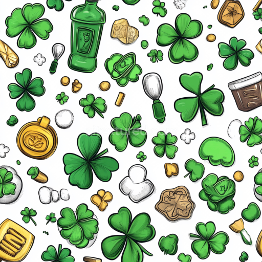 Seamless 3D PBR Texture of Green Shamrocks and St Patrick-themed Icons