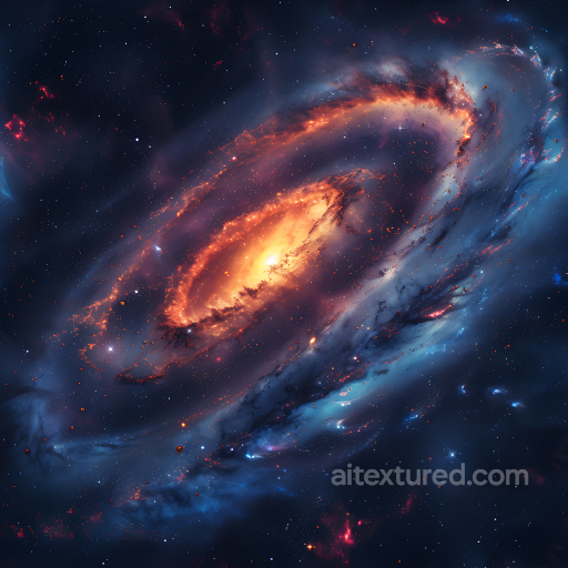 Space Texture Featuring Fiery Galaxy with Radiant Core and Deep Blue Cosmic Clouds seamless Star, space, planets PBR texture