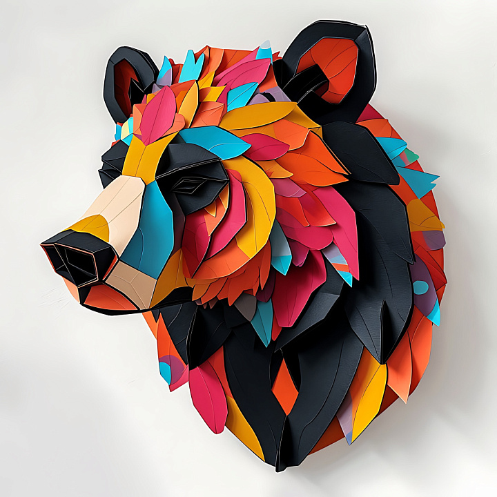 Animal of Stylized Black Bear Fur with Vibrant Origami Colors seamless PBR texture preview