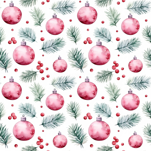 Seamless 3D PBR Texture of Watercolor Red Baubles and Pine Sprigs