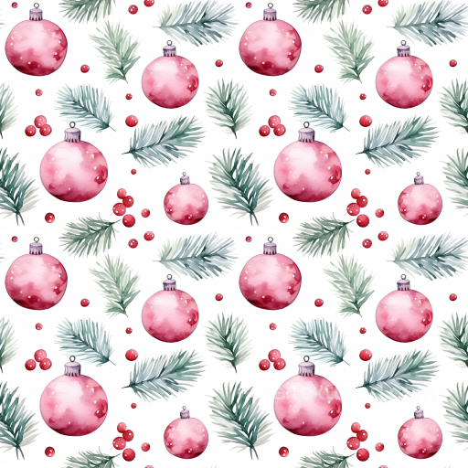 All Christmas Digital paper Texture of Watercolor Red Baubles and Pine Sprigs seamless All Christmas Digital paper PBR texture
