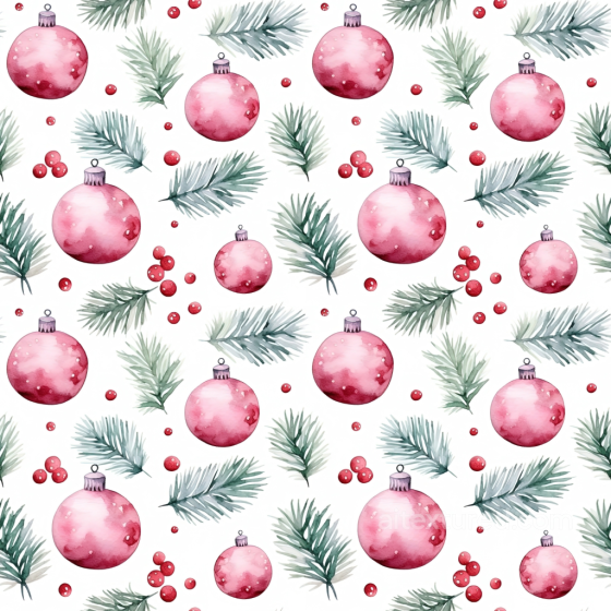 All Christmas Digital paper Texture of Watercolor Red Baubles and Pine Sprigs All Christmas Digital paper texture preview