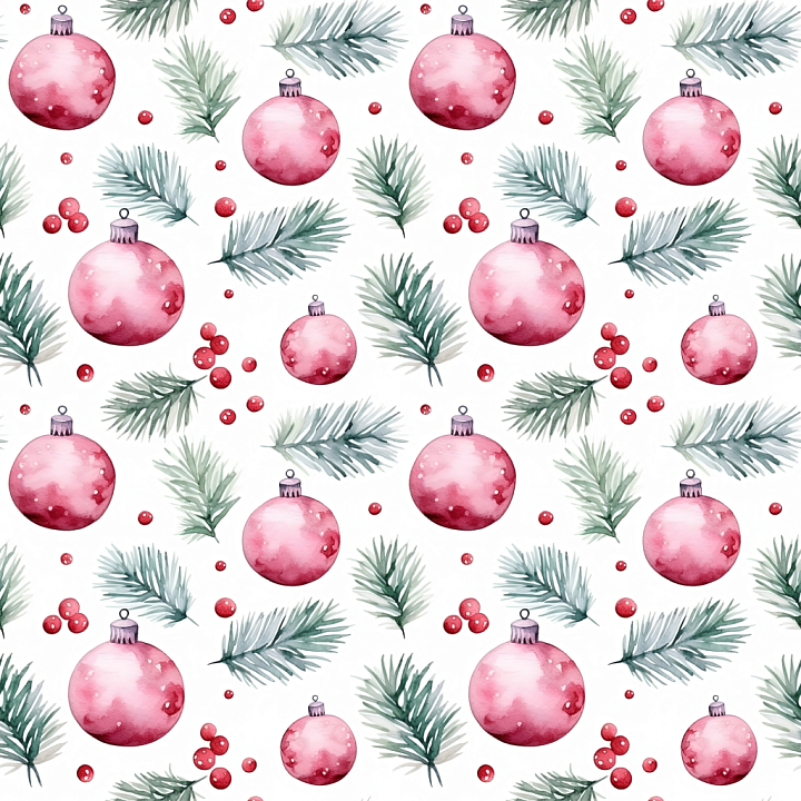 Watercolor Christmas Ornaments & Pine Branches Wood seamless PBR texture preview