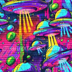 seamless Seamless 3D PBR texture featuring vivid UFO graffiti on brick wall texture 8k free download PBR