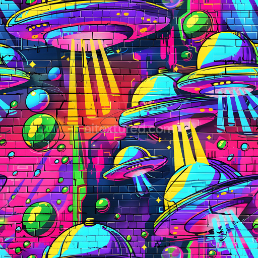 Seamless 3D PBR texture featuring vivid UFO graffiti on brick wall