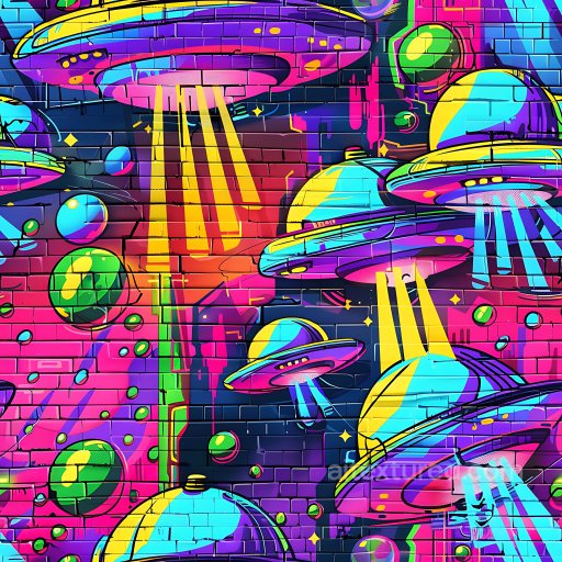 Seamless 3D PBR texture featuring vivid UFO graffiti on brick wall texture preview