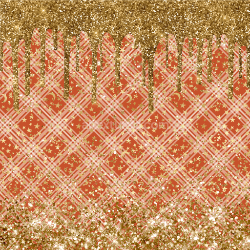 Seamless 3D PBR Texture with Gold Glitter Dripping and Plaid on Red