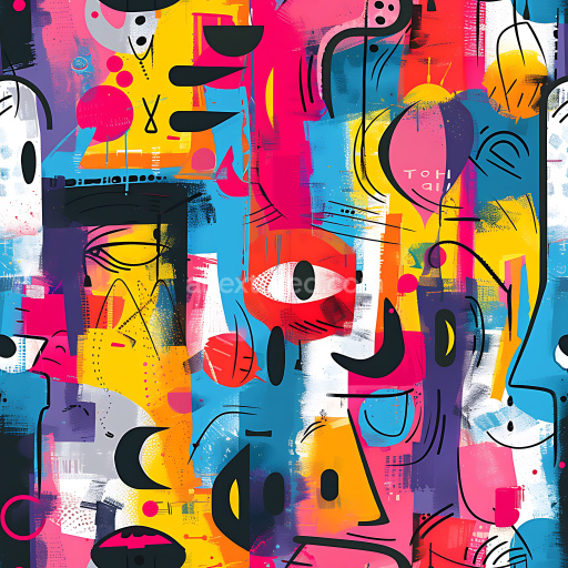 Seamless 3D PBR Graffiti Texture Featuring Vibrant Abstract Faces and Bold Shapes