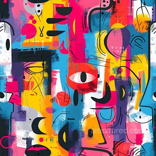 Seamless 3D PBR Graffiti Texture Featuring Vibrant Abstract Faces and Bold Shapes texture preview