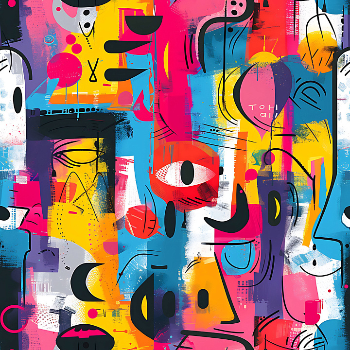 Graffiti Featuring Vibrant Abstract Faces and Bold Shapes seamless PBR texture preview