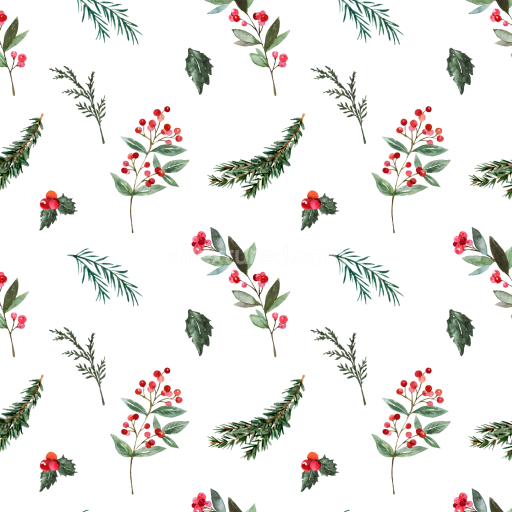 Seamless 3D PBR Texture Featuring Hand-Painted Watercolor Greenery and Red Berries