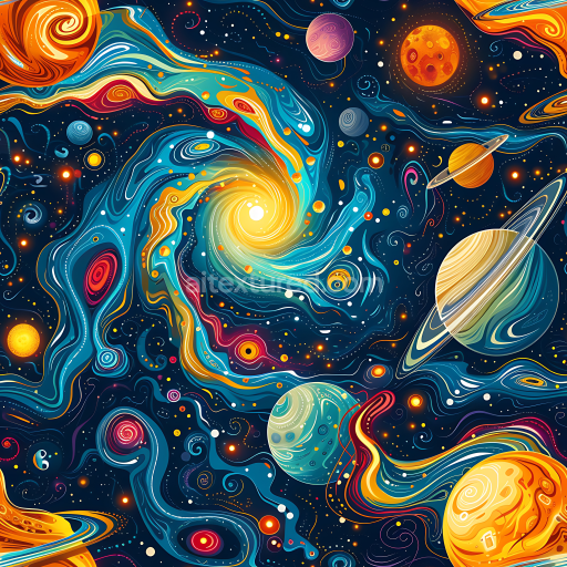 Seamless 3D PBR Space Texture Featuring Vibrant Galaxy Nebula and Stylized Planets