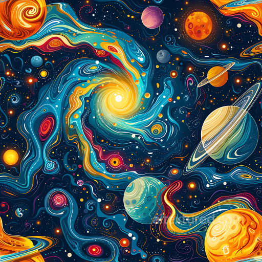 Space Texture Featuring Vibrant Galaxy Nebula and Stylized Planets seamless Star, space, planets PBR texture