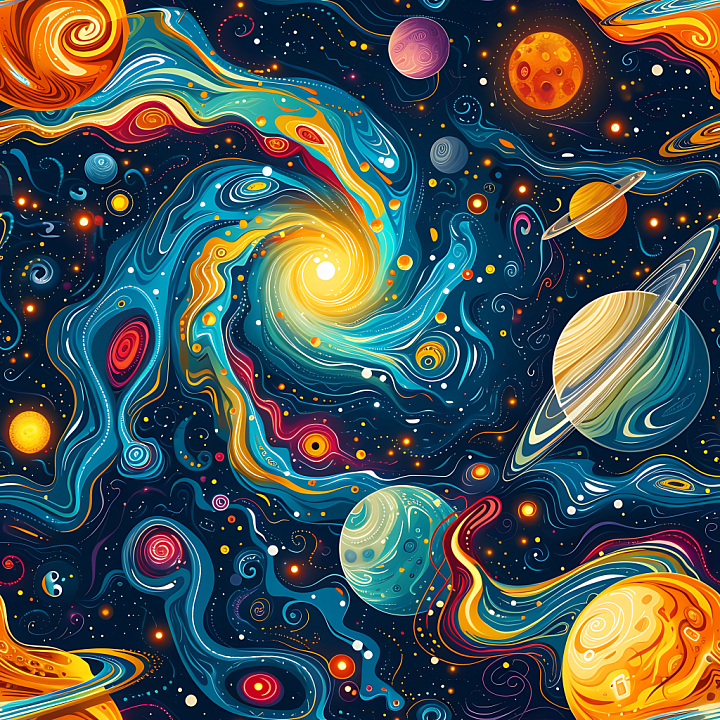 Space Featuring Vibrant Galaxy Nebula and Stylized Planets seamless PBR texture preview