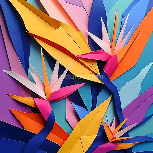 Seamless 3D PBR Texture Featuring Colorful Birds of Paradise Origami Paper Art