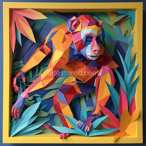 Seamless 3D PBR Texture Featuring Origami-Inspired Colorful Crab-Eating Macaque Design