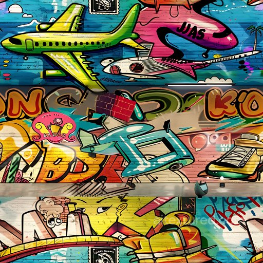 Seamless 3D PBR Texture Featuring Vibrant Airplane Graffiti on Brick Wall texture preview