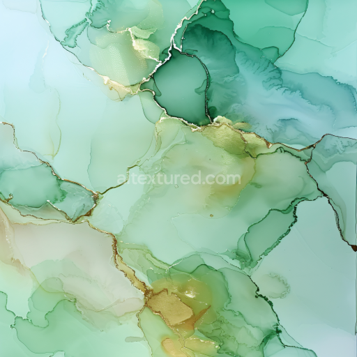 Seamless 3D Alcohol Ink PBR Texture Featuring Soft Green Flows and Metallic Gold Veining
