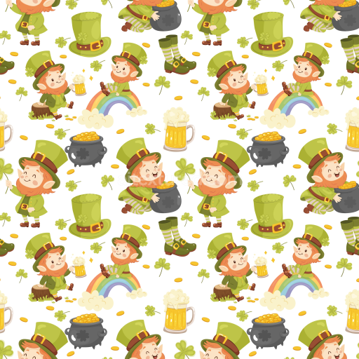 Seamless 3D PBR texture with playful St Patrick’s Day leprechauns and icons