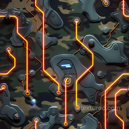 Futuristic Woodland Camouflage Texture with Glowing Circuitry seamless Color Camouflage PBR texture