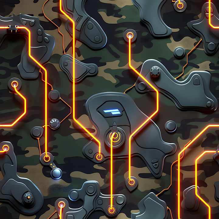Futuristic Woodland Camouflage with Glowing Circuitry seamless PBR texture preview