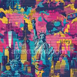 seamless Seamless 3D PBR graffiti texture featuring vibrant NYC skyline and Statue of Liberty texture 8k free download PBR