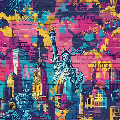 Seamless 3D PBR graffiti texture featuring vibrant NYC skyline and Statue of Liberty