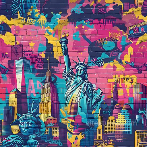 Seamless 3D PBR graffiti texture featuring vibrant NYC skyline and Statue of Liberty texture preview
