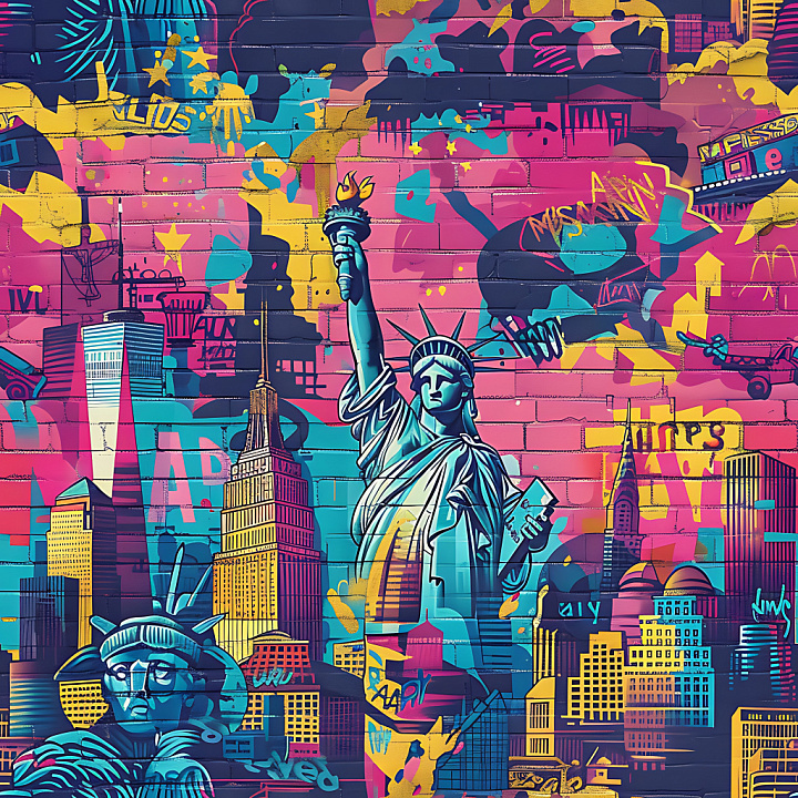 graffiti featuring vibrant NYC skyline and Statue of Liberty seamless PBR texture preview
