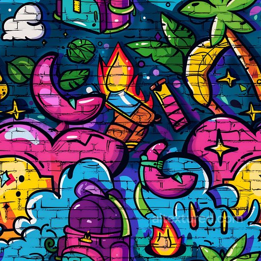 Seamless 3D PBR Graffiti Wall Texture Featuring Vibrant Urban Street Art with Leaves and… texture preview