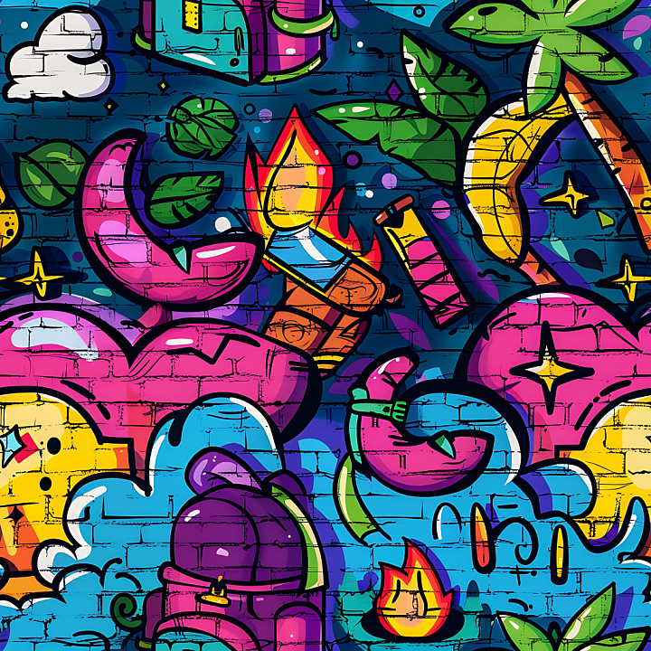 Graffiti Wall Featuring Vibrant Urban Street Art with Leaves and Flames seamless PBR texture preview