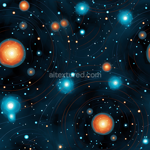 Seamless 3D Space PBR Texture Featuring Cosmic Starfield with Glowing Orange and Blue Stellar Orbits