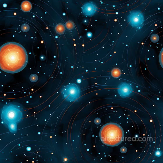 Space PBR Texture Featuring Cosmic Starfield with Glowing Orange and Blue Stellar Orbits Star, space, planets texture preview