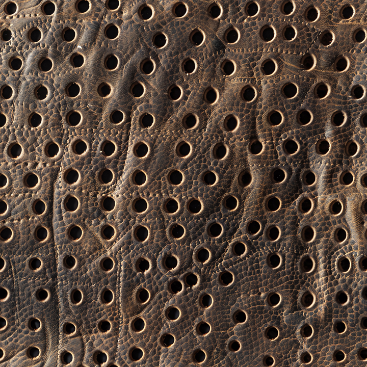 Distressed Brown Perforated Leather with Deep Grain and Wrinkled Surface seamless PBR texture preview