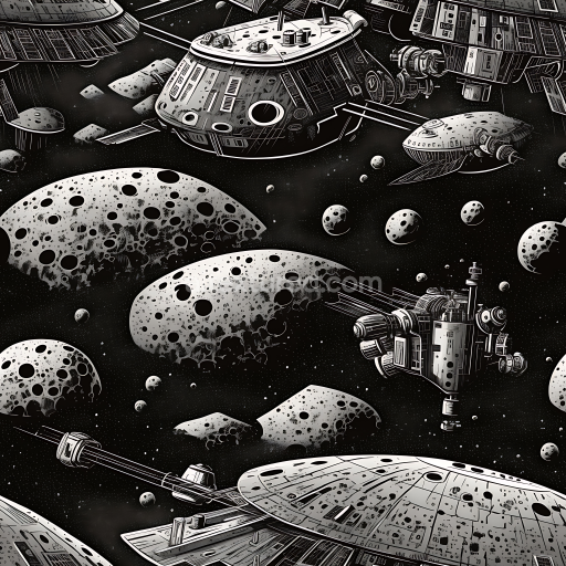 Seamless 3D Sci-Fi Space PBR Texture Featuring Space Stations and Asteroid Fields