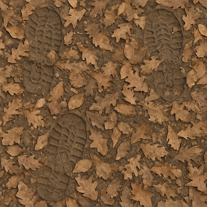 Leaf Covered Prints With Shallow Impressions On Uneven Ground seamless PBR texture preview