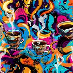 seamless Seamless 3D PBR Graffiti Texture Featuring Vibrant Coffee Cups and Energetic Swirls texture 8k free download PBR
