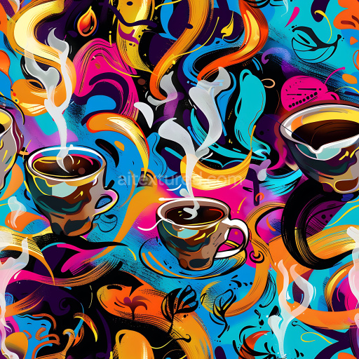 Seamless 3D PBR Graffiti Texture Featuring Vibrant Coffee Cups and Energetic Swirls