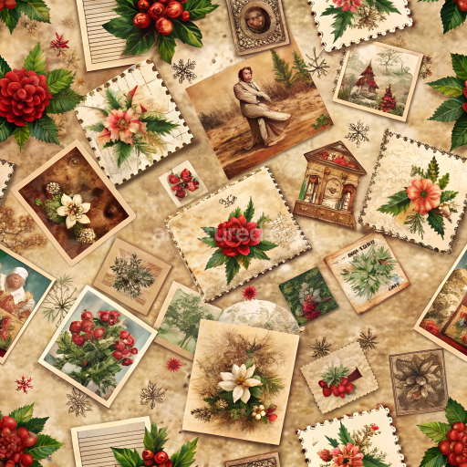 Seamless 3D PBR Texture of Vintage Christmas Digital Paper with Festive Botanical Postcards