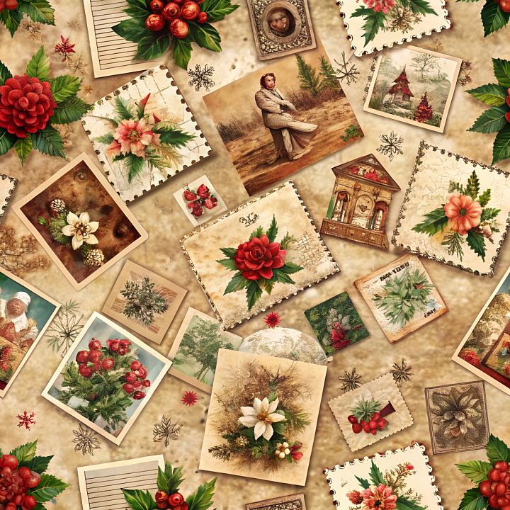 Vintage Christmas Paper with Festive Botanical Illustrations seamless PBR texture preview