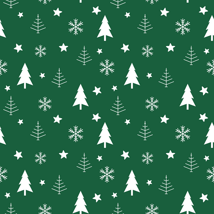 Pattern Featuring White Christmas Trees and Snowflakes on Green seamless PBR texture preview
