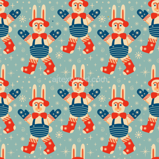 Seamless 3D PBR texture of playful pastel Easter bunny pattern on blue-green background