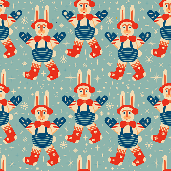 Cotton Fabric With Playful Retro Bunny And Mittens seamless PBR texture preview