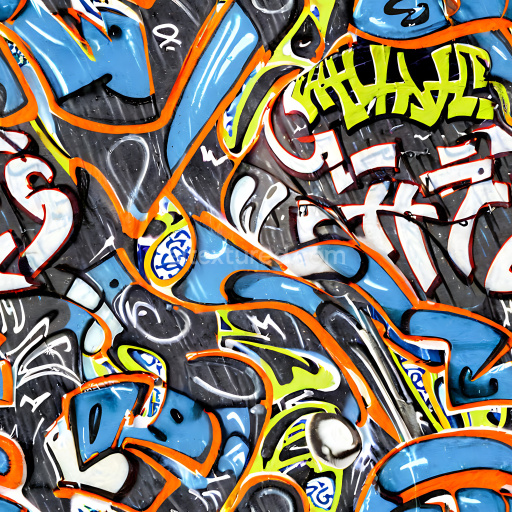 Seamless 3D PBR Texture Featuring Vibrant Urban Graffiti with Blue, Orange, and Neon Yellow