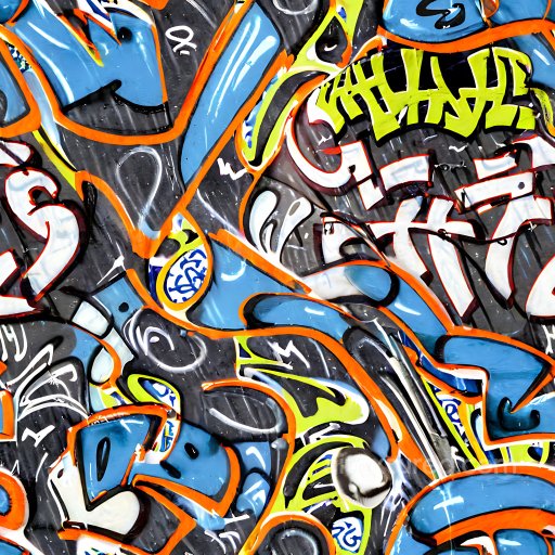 Seamless 3D PBR Texture Featuring Vibrant Urban Graffiti with Blue, Orange, and Neon Yell… texture preview