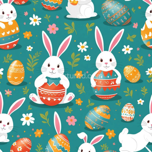 Seamless 3D PBR Texture Featuring Colorful Easter Bunnies and Decorated Eggs