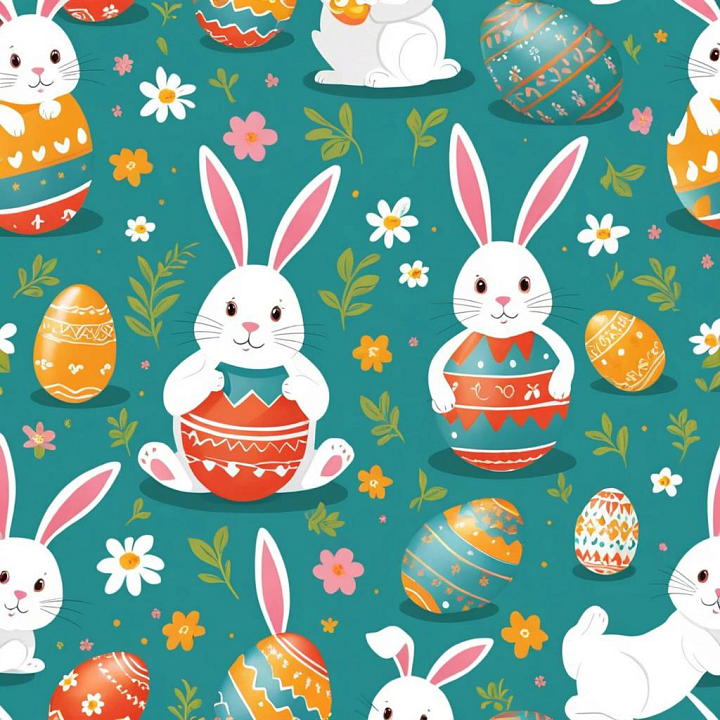 Featuring Colorful Easter Bunnies and Decorated Eggs seamless PBR texture preview