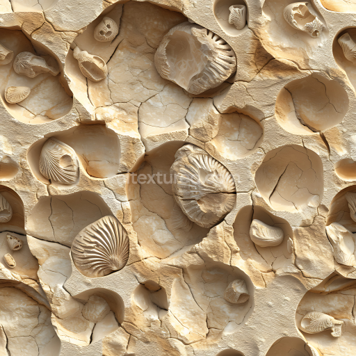 Seamless 3D Fossilized Limestone Rock PBR Texture with Embedded Shells and Cracks
